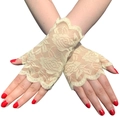 Elegant beige floral lace fingerless gloves with scalloped edges for summer sun protection - One Size / Light Yellow Green
