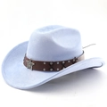 Close-up of light blue felt cowboy hat featuring star badge and rivet leather band - M (56-58cm) / Light Sky Blue