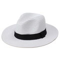 Close-up of classic white straw panama hat featuring textured weave and black ribbon band - M / White