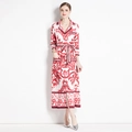Fashionable red and white porcelain print midi shirt dress with long sleeves and a waist belt - M / Red