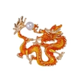 Vintage orange enamel Chinese dragon brooch with gold trim and white pearl accent - Orange-Red/Pearl