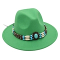 Close-up of ethnic beaded band and turquoise stone inlay on a green wool fedora hat - One Size / Grass Green