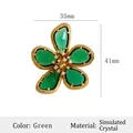Vintage green crystal flower brooch with gold plating and white stones, 35mm by 41mm size - Gold Green