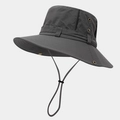 Detail view of dark grey outdoor sun hat with wide brim, side vents and windproof cord - One Size / Dark Gray