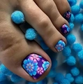 French press-on toenails featuring vibrant blue and purple floral art patterns - FW30