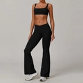 Women's black sports set with square neck top and V-waist flare yoga pants - S / Tank + Long Pants / Black