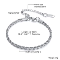 Pulsera de cadena de cuerda de 3mm en acero inoxidable 316L plata con cierre ajustable - 3mm--16+5CM / Color Acero