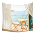 Bohemian tapestry featuring a scenic ocean view balcony with sunlit wooden chairs - Zj202148-15 / 100X150CM (Short Plush)