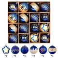 Set di 16 palline di Natale blu e oro champagne con vari motivi e finiture eleganti - Pavone Blu Premium