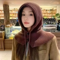 Winter brown knitted teddy bear hooded scarf with black button closure for women - Balaclava-Coffee