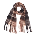 Thick checkered scarf with fringe in brown, black, and beige plaid pattern - Coffee