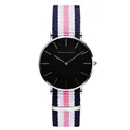 Hannah Martin watch with silver case, black dial and navy blue striped nylon strap - Silver Case Blue White Pink NATO Strap