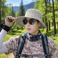 Beige men's outdoor sun hat with wide brim, mesh vents and Travellers embroidery - Embroidered Mountain Beige No Buckle