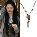 Detail of wax rope necklace with fabric flower charm and Believe engraved metal tag - Believe Metal Plate Fabric Flower Style (15#)