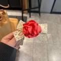 Handmade red fabric rose hair clip with beige lace bows for a sweet and elegant look - Lace Bow Red Rose Hair Clip / Red