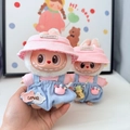 Pink hat and blue overalls clothes set for Labubu 2nd generation plush doll pendant - Pink And Blue Bear Fun Set / First And Second Generation Keychains Are Compatible With La Cloth Dolls. Dolls Not Included.