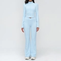Slim fit ice blue yoga set featuring cross-waist flare pants and zipper stand collar jacket - S / Top And Bottom (Jacket & Flared Pants) / Water Blue