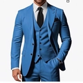 Slim fit three-piece suit for men in bright blue linen blend for weddings or business - Blue