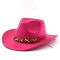 Bohemian rose red western cowboy hat with wooden bead band and suede finish - M (56-58cm) / Rose Red