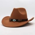 Close-up of brown wool felt cowboy hat featuring leather band and turquoise stone detail - Kids [52-54cm] / Khaki Cowboy (Wood Beads & Turquoise)