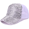 Casquette de baseball blanche avec strass argentés et mesh respirant pour l'été - Réglable / Strass Argenté Filet Blanc
