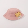 Pink cotton fisherman hat for kids featuring a cute 3D yellow plush bear and handmade tag - CM8008 Plush Doll Series / Dusky Pink