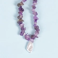 Irregular purple crystal chip necklace with unique baroque white pearl pendant on blue base - Amethyst Pearl