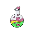 Cartoon flask enamel pin featuring colorful layered liquids and pink heart decorations - Round Bottom Flask Heart
