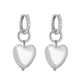 Detailed view of silver heart earrings with pearl charms and twisted metallic rings - Pair of Earrings / White Gold
