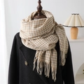 Classic beige houndstooth scarf with tassels on a mannequin in a black wool coat - 210cmX70cm (Including Tassels) / Khaki