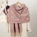 Thick autumn winter paisley wrap scarf with fringe details for elegant women - Colorful Pink Blue (T482-01)