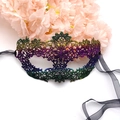 Detailed view of rainbow gradient lace masquerade mask with flower on white background - One Size / Colorful