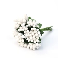 Macro detail of white frosted berry artificial stamens with green leaves for DIY crafts - Large Bag / White