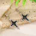 Silver liquid lava cross earrings with black enamel inlay and clear crystals - Silver Black Enamel Cross Earrings (11780)