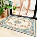Floral bath mat with pink roses and blue border on a light wood floor entryway - Nordic Rose Floral 11