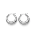 Polished silver stainless steel hoop earrings featuring a unique twisted texture design - Twisted Texture Hoop Style (ETE6010-S)