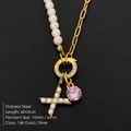 Collar de acero inoxidable dorado con perlas, piedra rosa y letra A adornada con perlas - Letra X