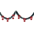 2m Green Christmas garland with white snowy tips and six red bows and ornaments - Dark Green White Edge + 6 Red Balls + 6 Red Bows