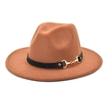 Detail of wool fedora hat with black textured band and golden horsebit metal buckle - Khaki