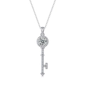 Key shaped 925 sterling silver pendant necklace with sparkling round moissanite - (s925 Silver + Moissanite Sp12869-65/1 Carat/6.5mm) / Chain Length 40cm + 5cm (extension Chain)
