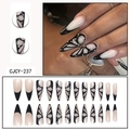 Black and white French press-on nails with butterfly pattern and rhinestone accents - CJCY-237 Black White French 3D Butterfly Rhinestone Style