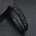 Bracciale in pelle nera intrecciata a doppio strato con chiusura magnetica in acciaio - Nero con Accessori Neri