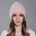 Pale pink rabbit fur knit beanie for women decorated with sparkly rhinestones and sequins - Pink