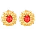 Macro detail of vintage gold sunburst earrings with a large round red gemstone center - Red Flower (N-305)