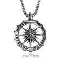 Silver stainless steel viking compass pendant with engraved protection quote on white background - Compass + Titanium Steel Chain