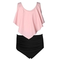 Bikini deux pièces pour filles avec haut à volants rose et culotte noire taille haute - 104 / Ensemble Rose Volants Noir Froncé