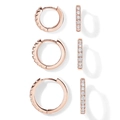 Detailed set of three rose gold huggie hoop earrings with micro-pave cubic zirconia stones - Inner Diameter 8MM Pair / Rose Gold