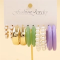 Detail of 5-piece earring set with gold finish, pearls and colorful resin on a display card - Colorful Fresh Six Pair Set (13)