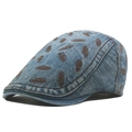 Blue washed denim newsboy cap with brown fishbone embroidery for a vintage look - Dark Blue
