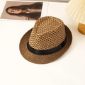 Klassieke strooien fedora hoed met zwarte band op een stijlvolle minimalistische achtergrond - L(58-60cm) / koffiekleur